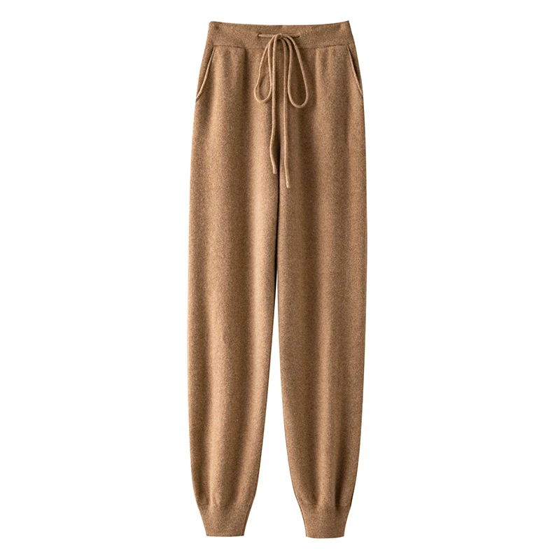 Women's Autumn Winter 100% Merino Wool Knitted Long Pants Elastic Waist Running Pants Thickened Casual Trousers Cuffed Pants