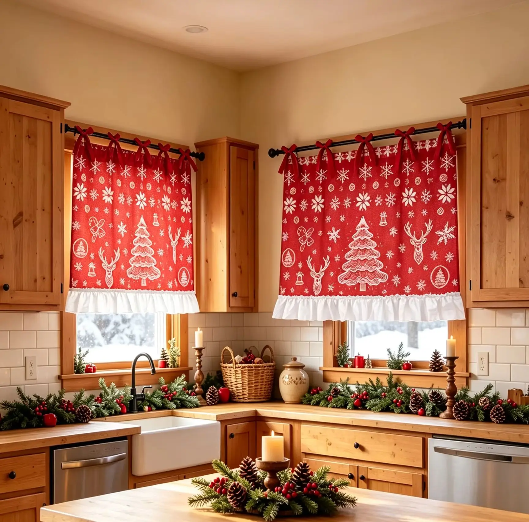 1Pc Christmas Tier Curtain, Red Snowflake Elk Tree Print Ruffled Window Valance, Farmhouse Kitchen Xmas Home Decor