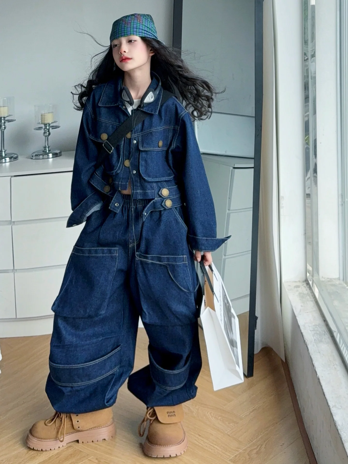 

Girls' Autumn Faionable Denim Outfit Wide Leg Pants Two Piece Set Long Sve Open Cardigan Casual Sle Children's Clothing