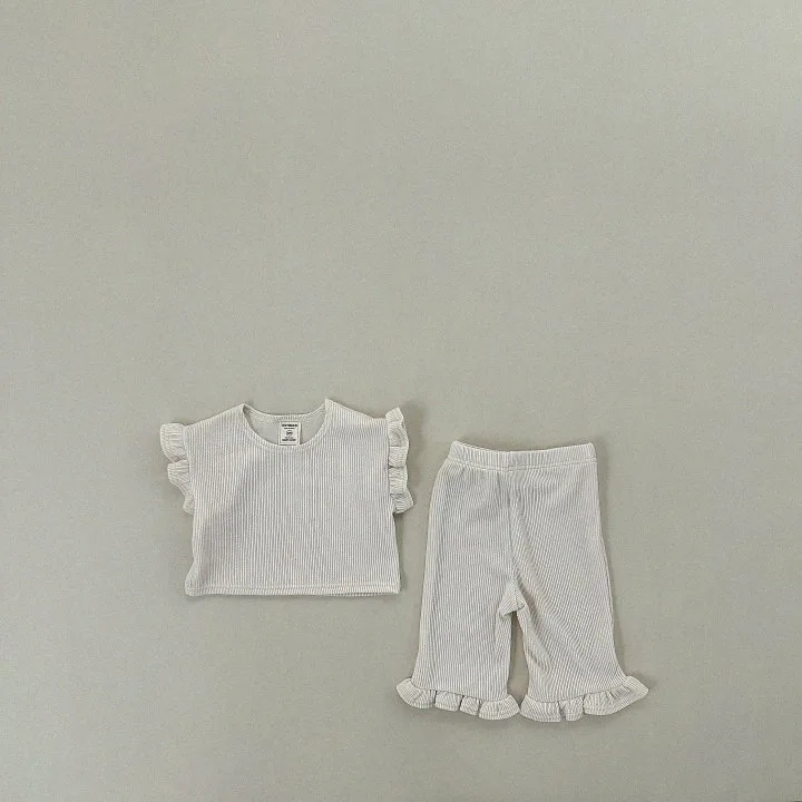 2024 Summer New Children Home Clothes Set Solid Casual Baby Girls Flying Sleeve Tops + Lace Pants 2pcs Suit Kids Cotton Outfits
