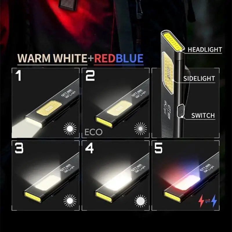 Multifunctional Flashlight With Magnetic Built-in Battery Rechargeable Work Light Clip Emergency Lamp For Outdoor Hiking Camping