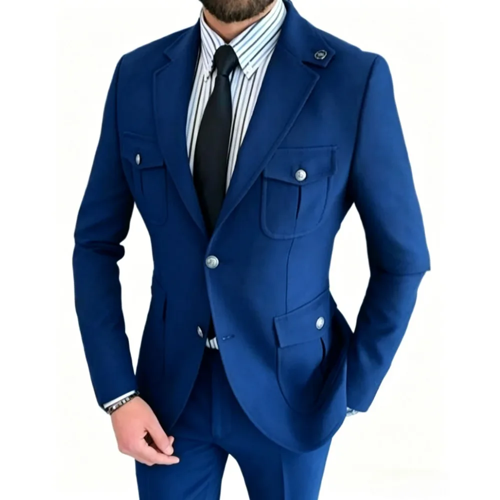 Single Breasted Safari Men Suits Business Suits for Men Multi Pocket Blazer Pants Set Formal Casual Men Outfit for Wedding Party view 6