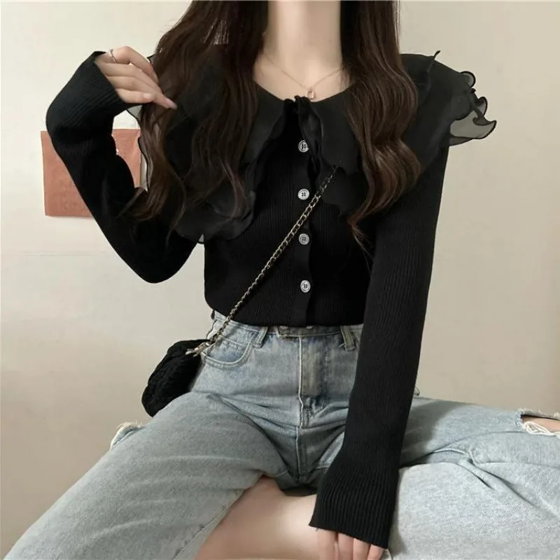 Women Autumn Winter Korean Simplicity Button Solid Color Turn-down Collar Women Clothes All-match Appear Thin Sweater Cardigan
