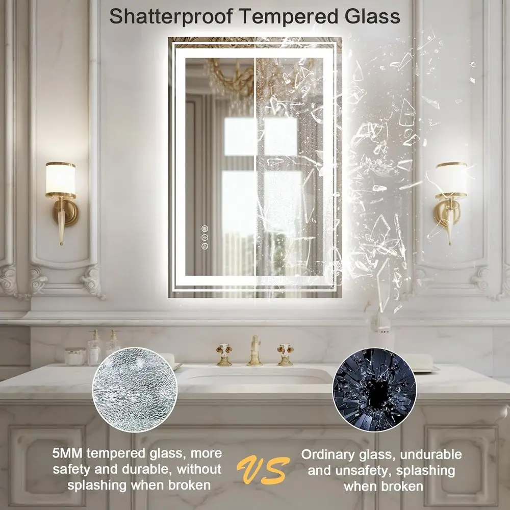 مرآة حمام LED مقاس 20 × 28 مع إضاءة خلفية وإضاءة أمامية، قابلة للتعتيم، مضادة للضباب، مرآة زينة حديثة مع وظيفة الذاكرة والكسر-P #6