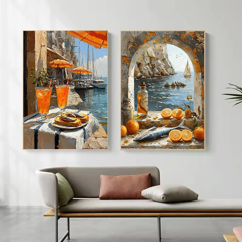 الصيد القرية الساحلية البحر الأبيض المتوسط فناء المطبخ البحر زهرة شرفة المشهد المشارك قماش النفط اللوحة الطباعة ديكور المنزل