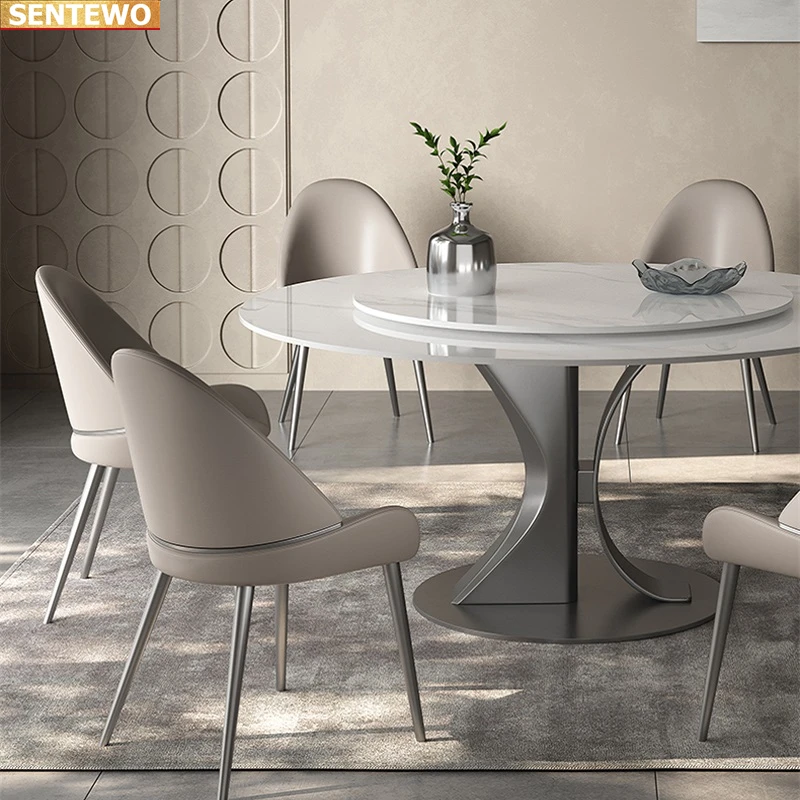 Designer Luxury round kitchen Marble Rock Slab dining table set 8 chairs mesa comedor sillas furniture comedor Carbon steel base