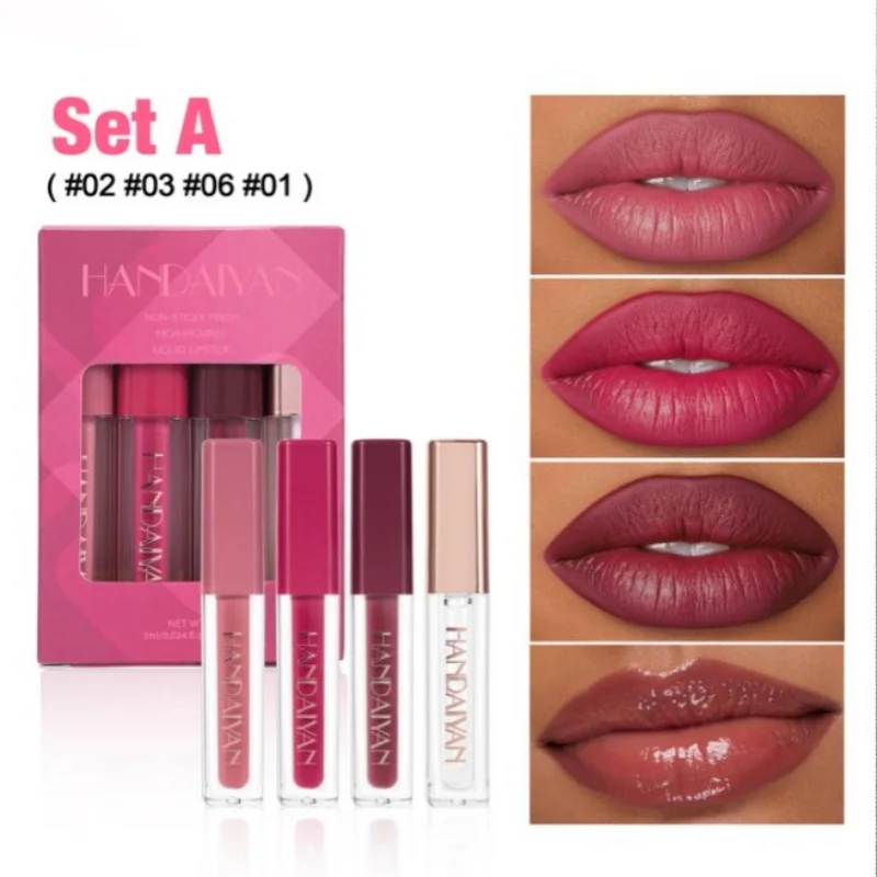 Aksamitny błyszczyk do ust Wodoodporny tint do ust Zestaw 4 sztuk Długotrwały Łatwy w aplikacji Nieklejący się Makijaż Zestaw błyszczyków do ust Płynny zestaw szminek