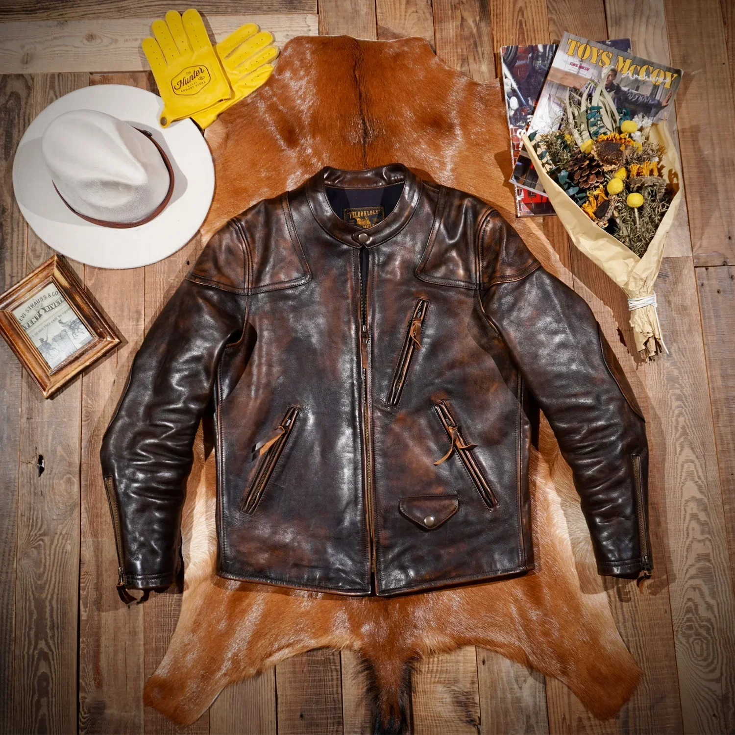 Tailor Brando American Vintage Mendoza hecho a mano Old Tea Core solapa de piel de vaca chaqueta de motociclista delgada para hombre