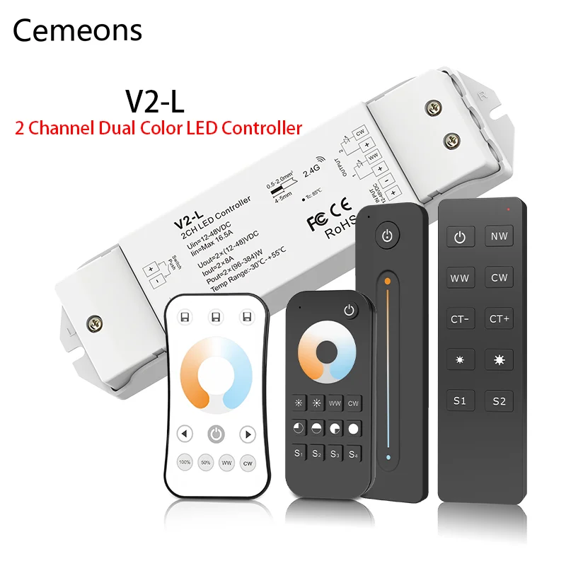 Controlador de luz LED V2-L, Control remoto inalámbrico RF WW CW, 12-48V, 2 canales, 16A, 2,4G, interruptor de atenuación para tira de luz LED blanca CCT Daul