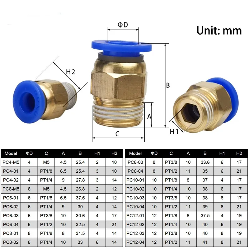 1個入り 空気圧クイックコネクタ ホースチューブ エア継手 PCF PC PL SL PB PH PX 4-12mm オスネジ パイプカプラー 1/8 1/4 3/8 1/2 BSPT