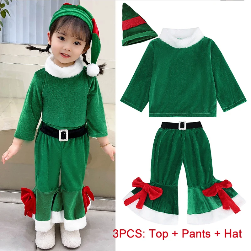 New Year Toddler Baby Girls Christmas Elk Fleece Costume Red Santa Claus Long Sleeve Princess Dresses With Hat & Shawl Xmas