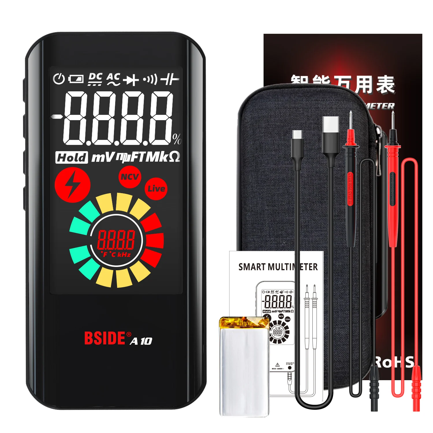 BSIDE A10 Color LCD Digital Multimeter Portable Smart Voltmeter Professional Capacitor Diode Ohm Hertz Duty Cycle Voltage Tester