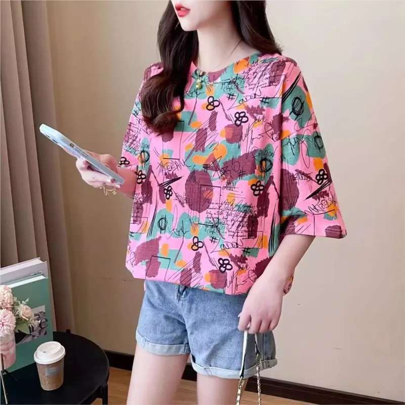 Korean Rainbow Stripes Printed T-shirt Women O-Neck All-match oversized t shirt Fashion Loose Tops Short Sleeve t shirts NS5857