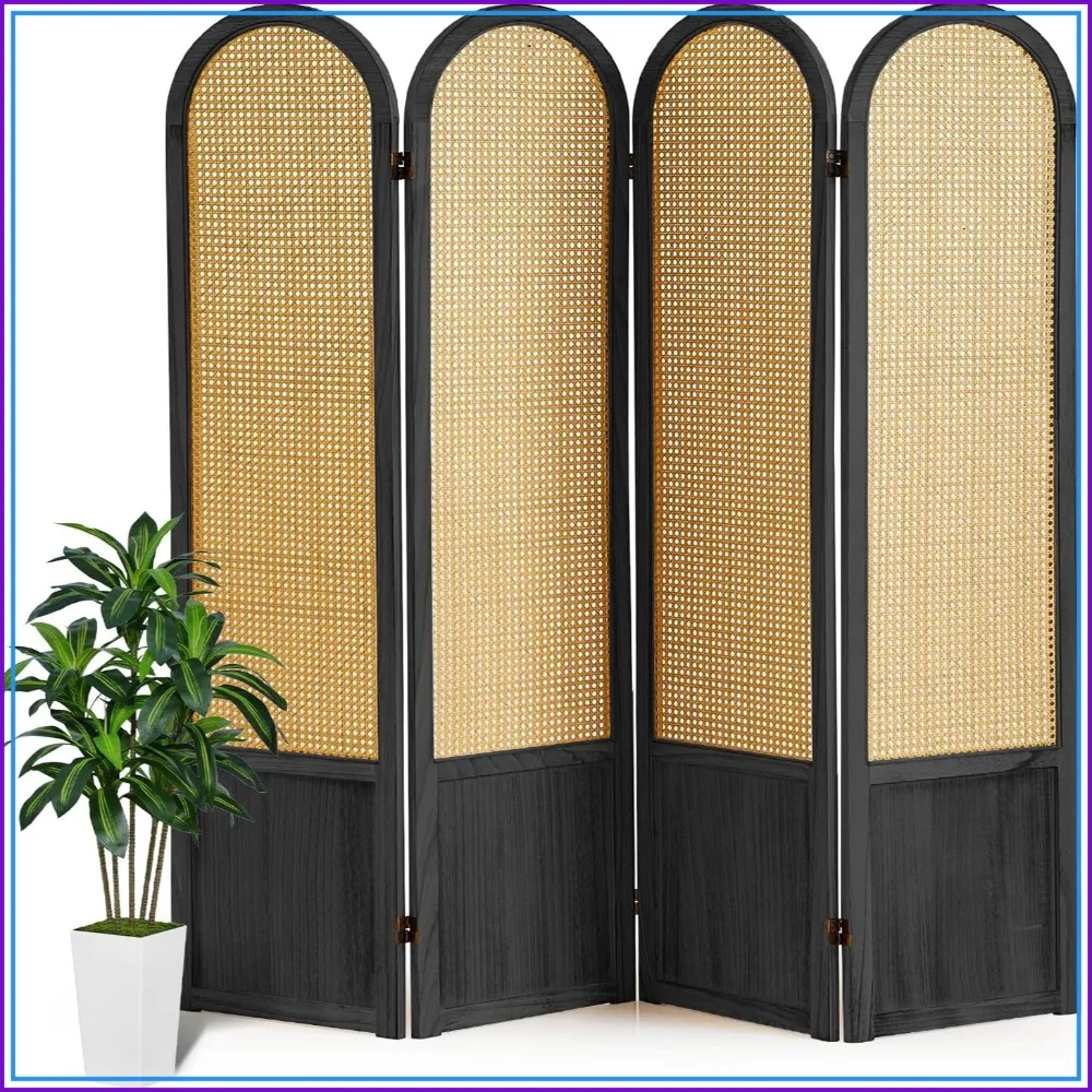 Rattan Room Divider 4 Panel Folding Screen Black Woven Privacy Partition Freestanding No Assembly