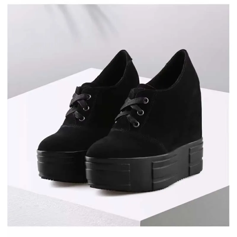 13CM Women Genuine Leather Suede Wedges Sneakers High Platform Casual Shoes Fashion Invisible Heels Thick Bottom Leisure Shoe