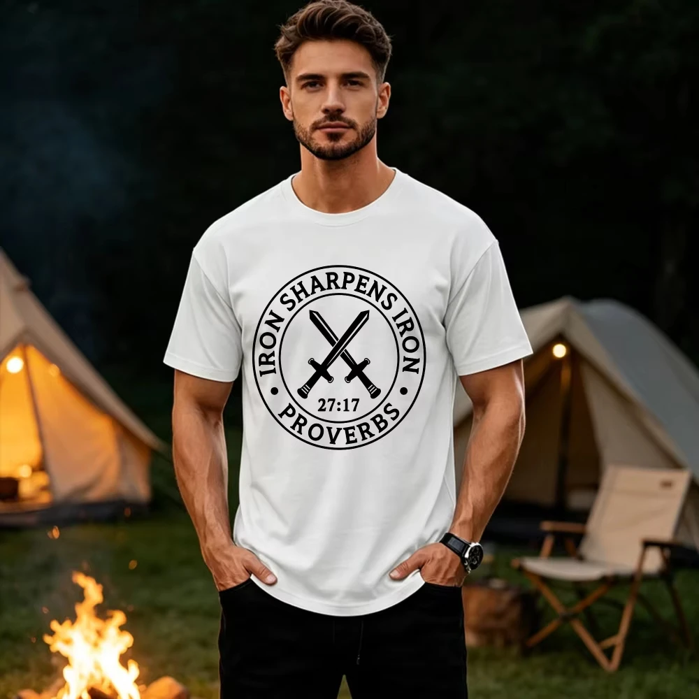 Iron Sharpens Iron Proverbs 27:17 Crossed Swords Circular Badge Graphic Men's T-Shirt Masculine Christian Faith Religious Tee