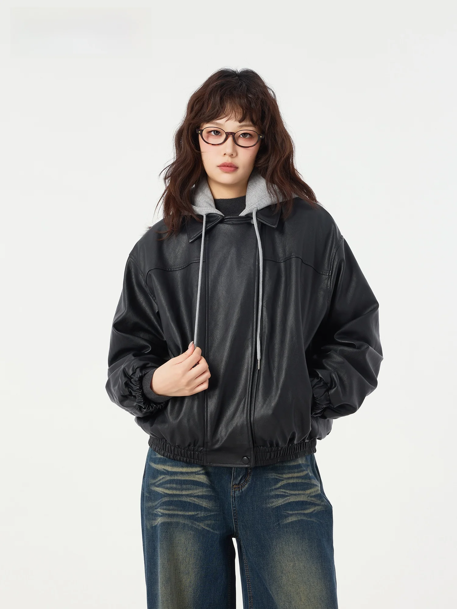 Didimax inverno novo bla fce forrado couro do plutônio jaet com capuz emenda rua sle longo sve casaco com zíper para senhoras