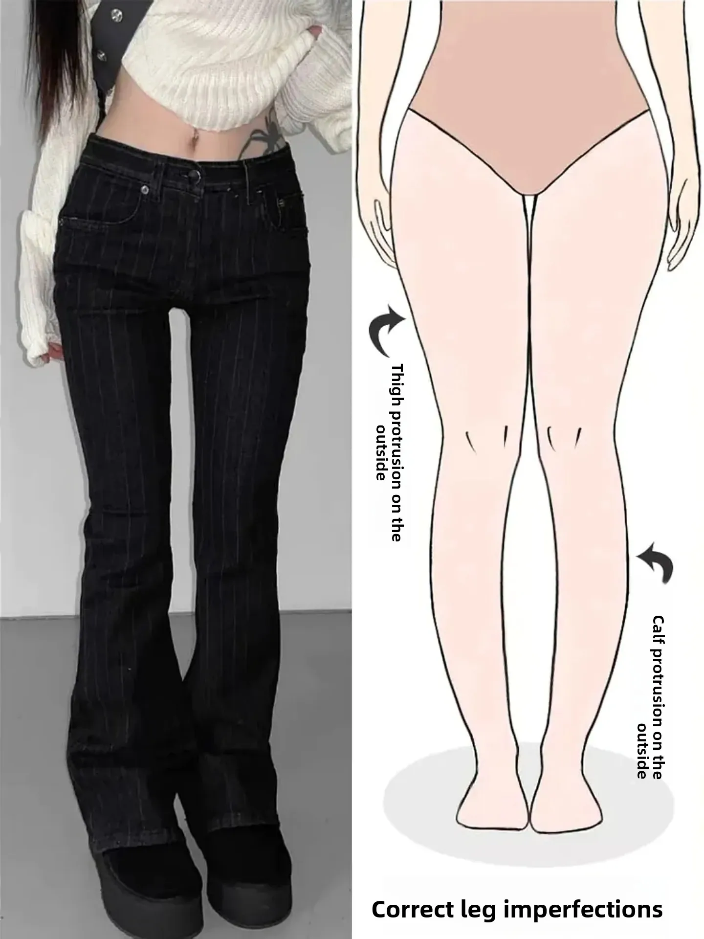 

Slim Fit Striped Bell Bottom Jeans Women's Retro American Style Autumn Winter New Streetwear Zipper Closure Casual Denim Pants