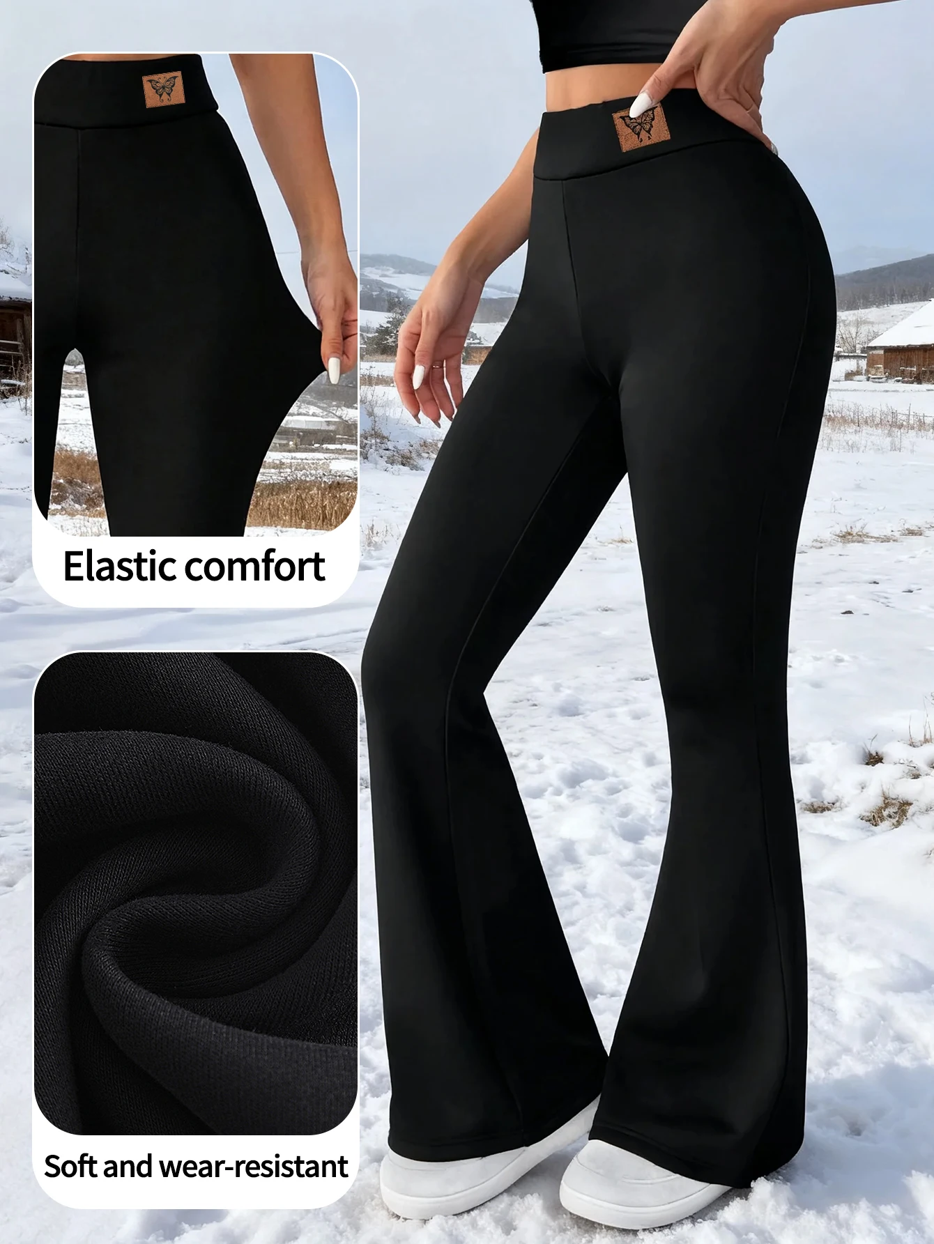 Y2K winterski-legging voor dames, met fleece gevoerd, bootcut (uitlopend), hoge taille, thermisch koudebestendig, stretchpasvorm, winddicht