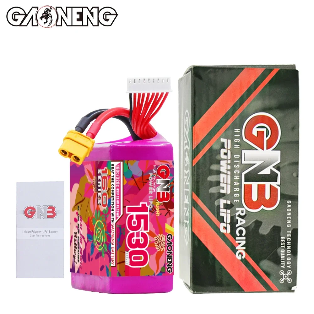 Bateria de lítio GAONENG GNB 8S 29,6V 1530mah 160C com conector XT60, adequada para drones FPV e quadcopters.