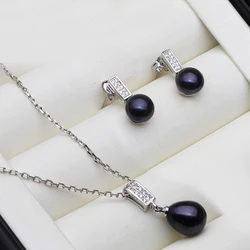 Beautiful 925 Silver Natural Freshwater Pearl Necklace and Earrings Jewelry Set For Women Wife Mother Engagement White Black