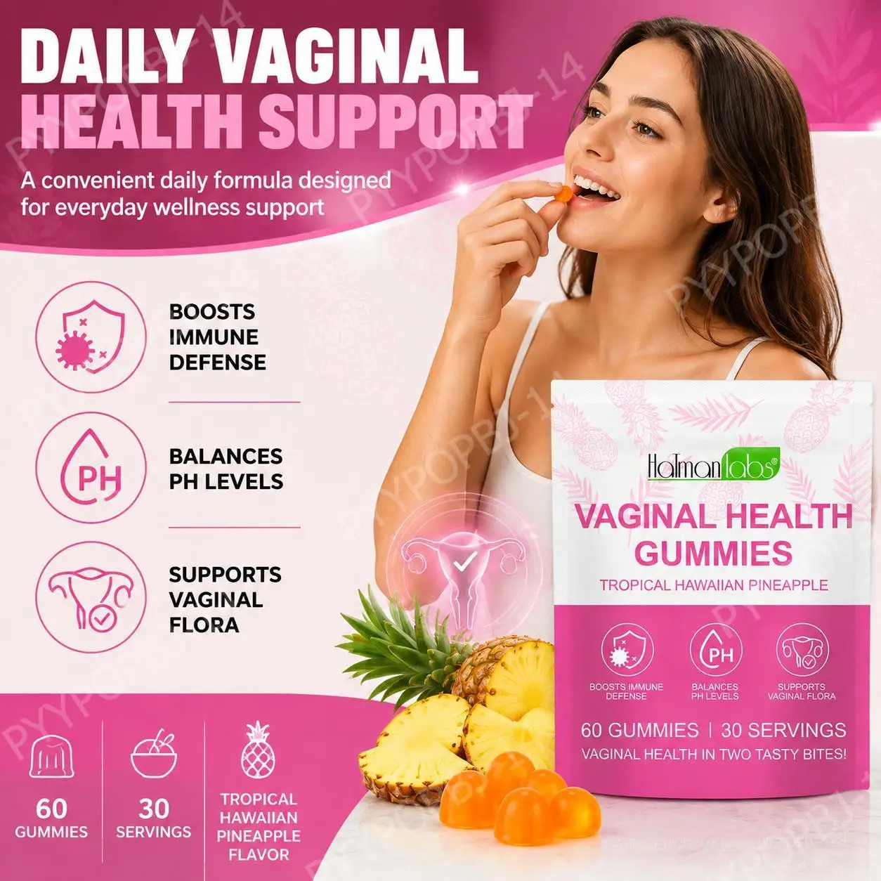 HolmanLabs Vaginal Health Gummies with Vitamin C and Probiotics, Supports Vaginal Flora, Helps Balance PH Levels, 60 Gummies