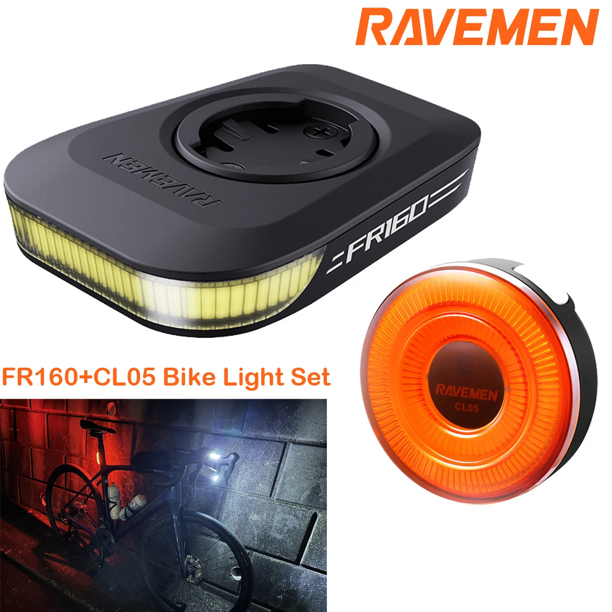 RAVEMEN Bike Light Set Bicycle LED Front Rear Headlight Taillight Rechargeable Lamp Compatible with Garmin Safe LS03(FR160+CL05)