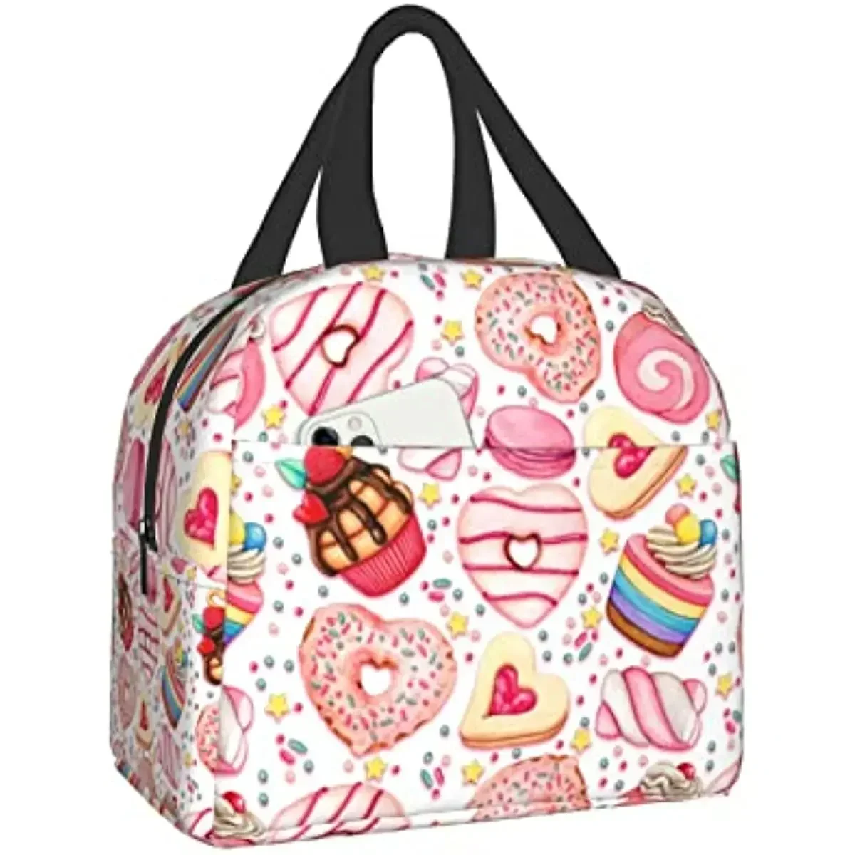 Cute Donut and Cupcake Print Lunch Box, Kawaii Small Insulation Lunch Bag, Reusable Food Bag Lunch Containers Bags for Women Men