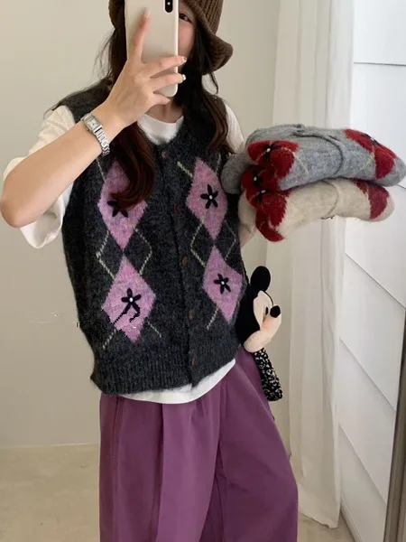 

Корейский ранний осенний студенческий Sle Diamond Color Blo, многослойный вязаный жилет в стиле ретро, топ без рукавов для женщин, теплый подшипник