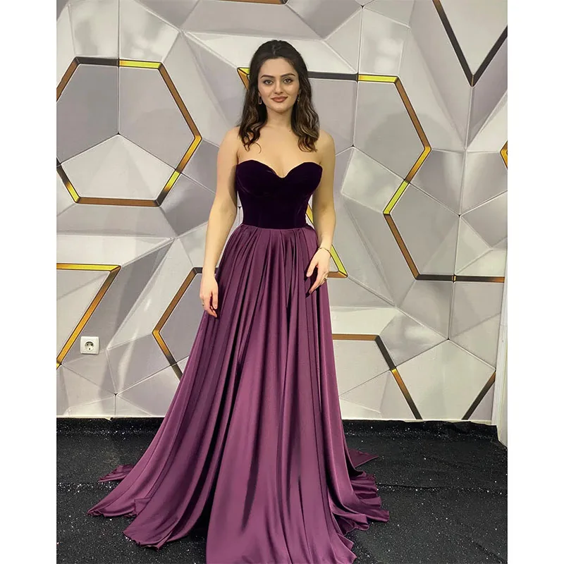 2024 Elegant Purple Evening Dresses Velvet Sweetheart Neck Party Prom Dress Pleats Ruffle Long Dress For Special Occasion