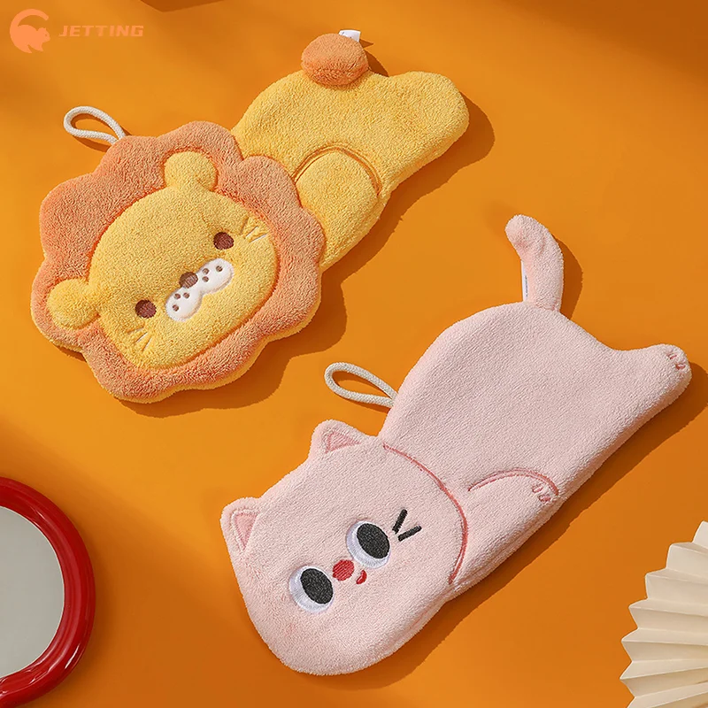 (New) 1PCS Cartoon Bathroom Hand Towel Hanging Type With Super Water Absorption Quick Drying Kitchen Cute Cat Lion Hand Towel