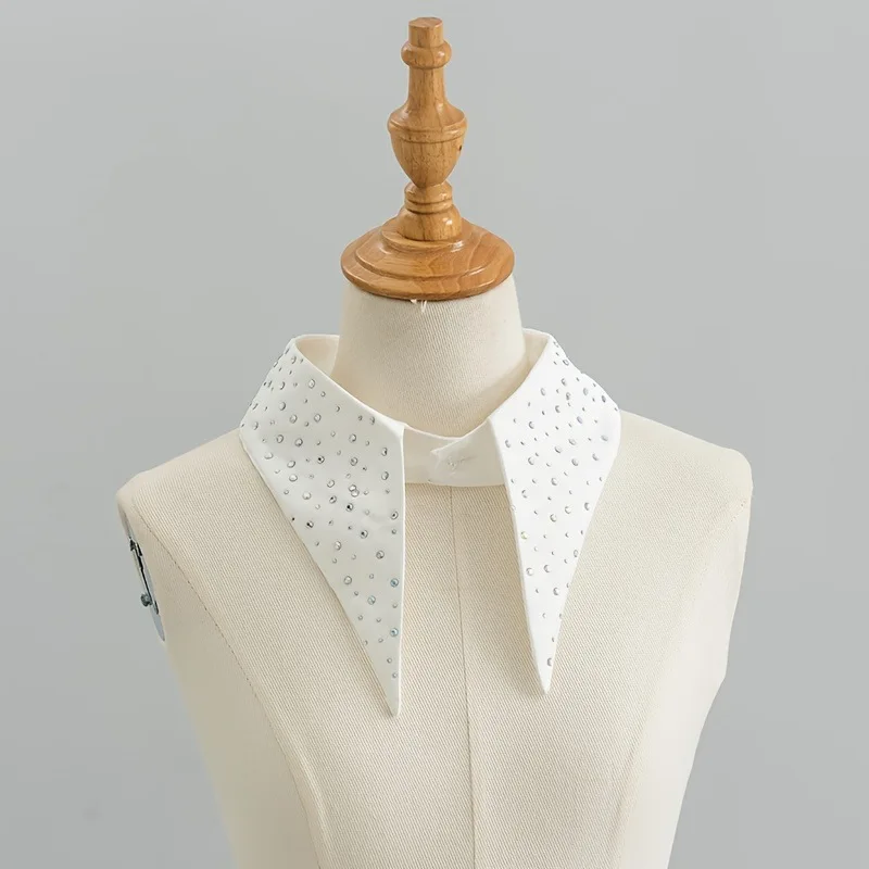 Fashion Satin Clip-On Fake Collar with Crystal Rhinestone, Long Sharp Lapel Pin, Women's Style Accessory