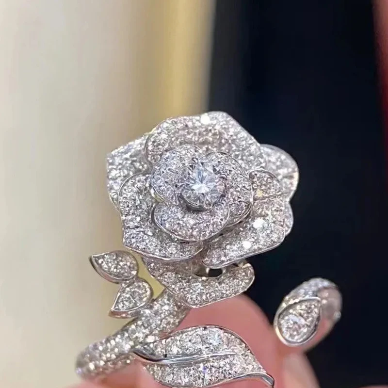 Delicate Women Rose Flower Leaves Rings Simple Fashion 925 Sterling Silver Finger Ring Jewelry Lady Valentine\'S Day Gift Jewelry
