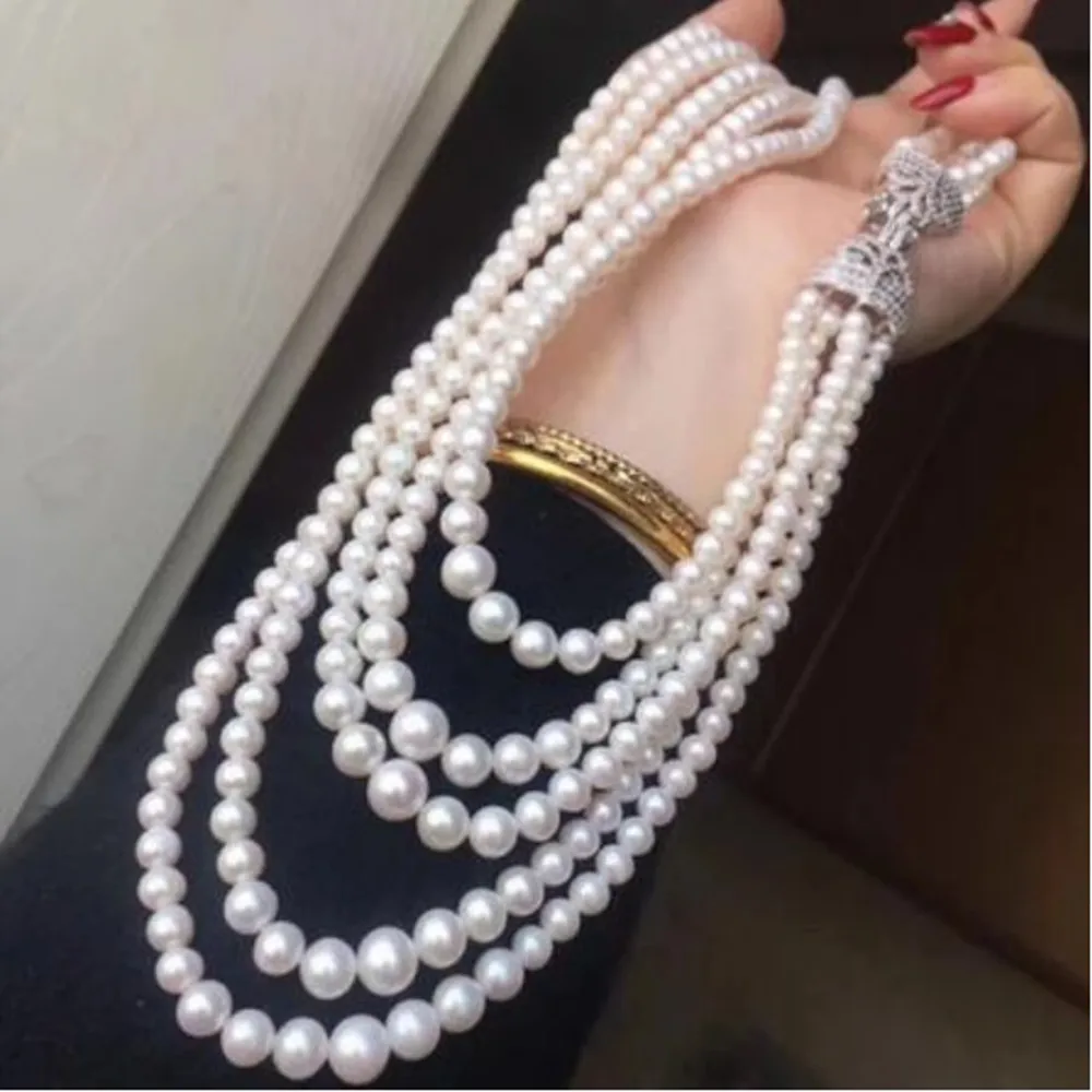 Hand knotted necklace 5row 7-9mm white freshwater pearl 17-23inch micro inlaid zircon accessory for women fashion jewelry