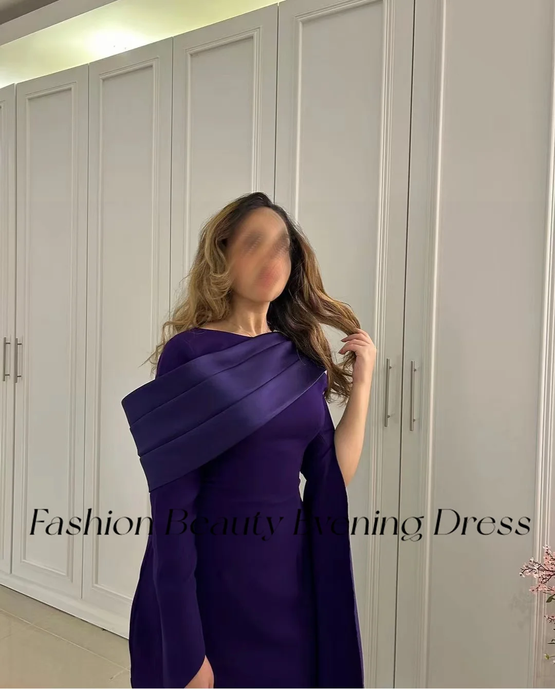 Fashion Beauty Saudi Purple Prom Dresses O Neck Pleated Long Sleeves Party Occasion Dress For Women 2024 vestidos فساتين السهرة