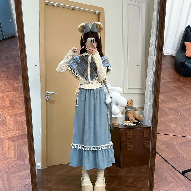 

Japan Suit Knitted Fake Two-Piece Cape Top Women'S Autumn And Winter Corduroy Long Skirt