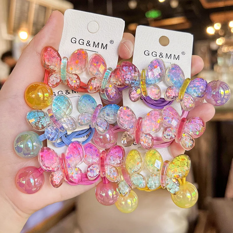 Bandes de cheveux élastiques papillon de couleur dégradée pour filles, 2 pièces, bandes de caoutchouc mignonnes, accessoires de cheveux pour enfants, cravate de cheveux de dessin animé