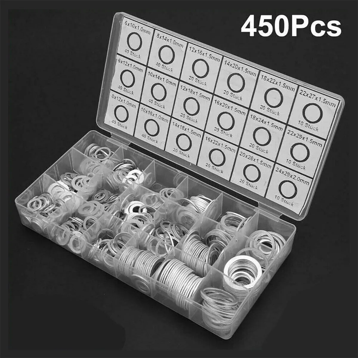 

450Pcs Aluminum Gaskets Rings Sealing Rings Flat Wahers High Temp Resistance Silver 18 Sizes Aluminum Hardware O-Ring Gaskets
