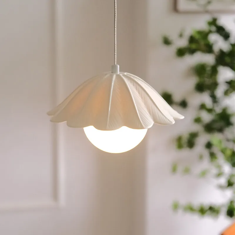 French antique feather pendant light bedroom living room dining room bedside ceramic flower bud small pendant light