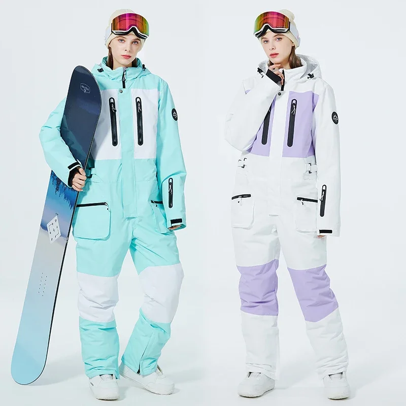 New One-Piece Ski Suit Women Thickened Warm Outdoor Snowboarding Men Skiing Set Jumpsuit Wind Proof Waterproof Winter Clothing