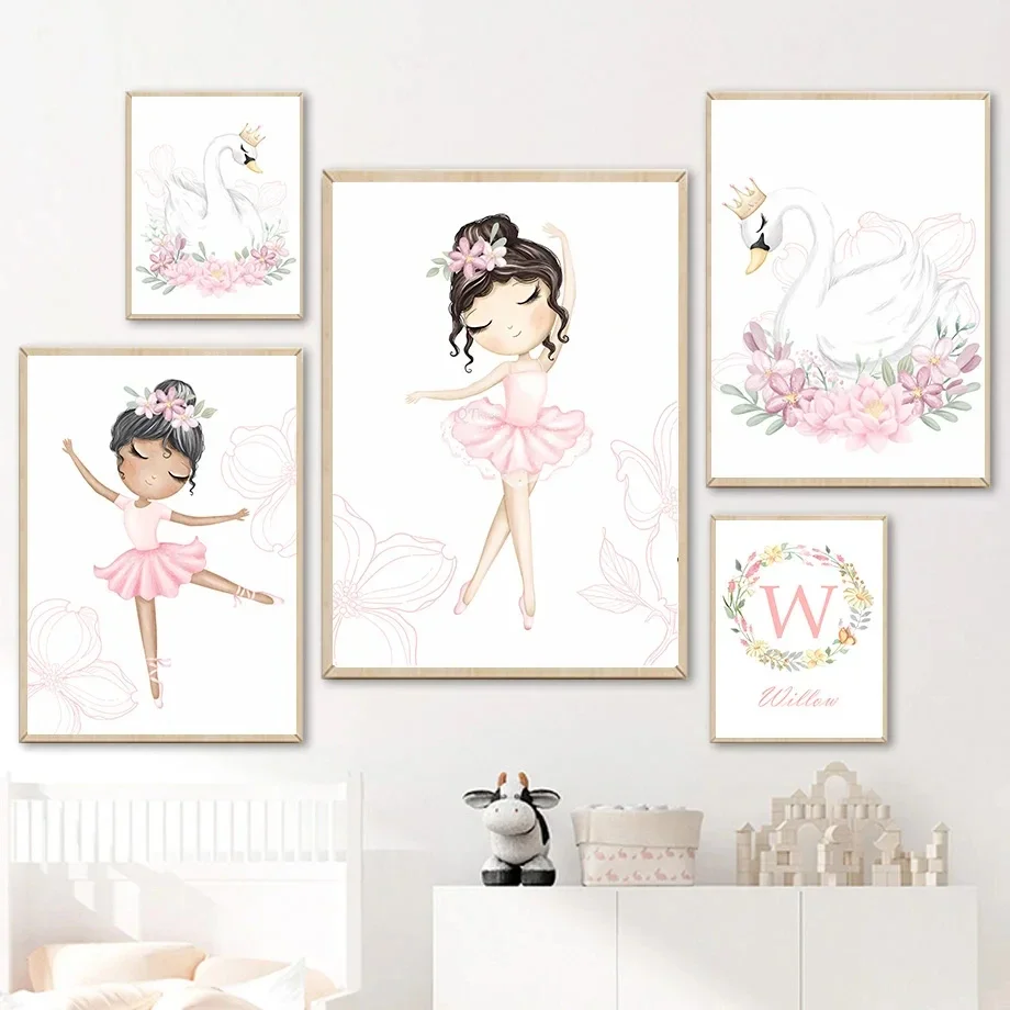 Watercolor Ballet Girl, Swan, Crown, Flower, Custom Name Wall Art, Picture, Canvas Painting, Room, Nursery Decor