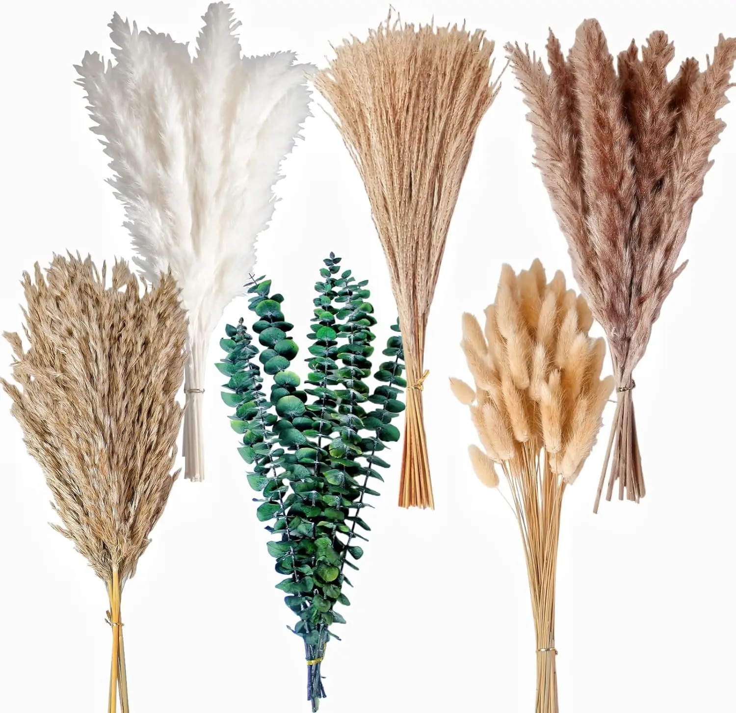 

110 PCS of Boho Pampas Grass Decor, Naturally Dried Pompas, Bunny Tails Dried Flowers, and Dried Eucalyptus. Perfect for Wedding