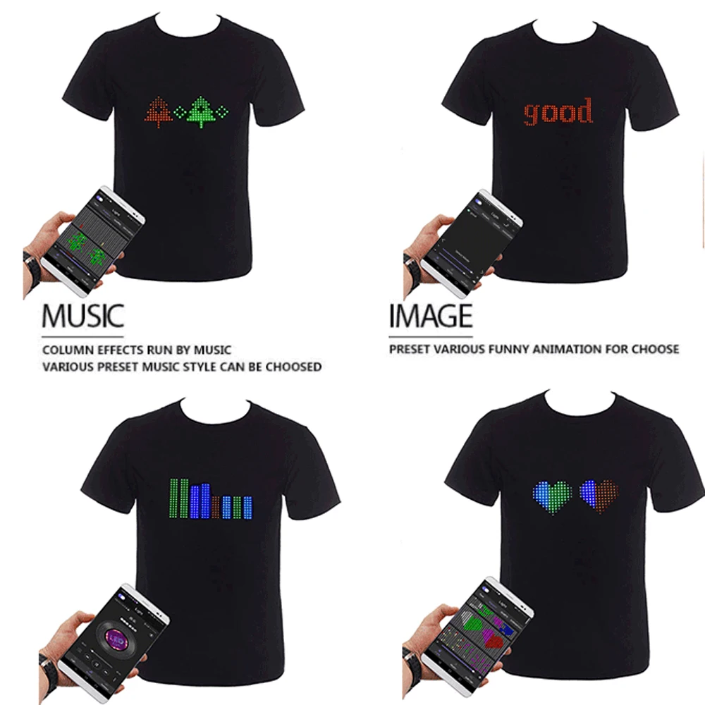App Control Bluetooth Programmable Led T-shirt Dj LED Tshirt Built-in Battery Scrolling Text