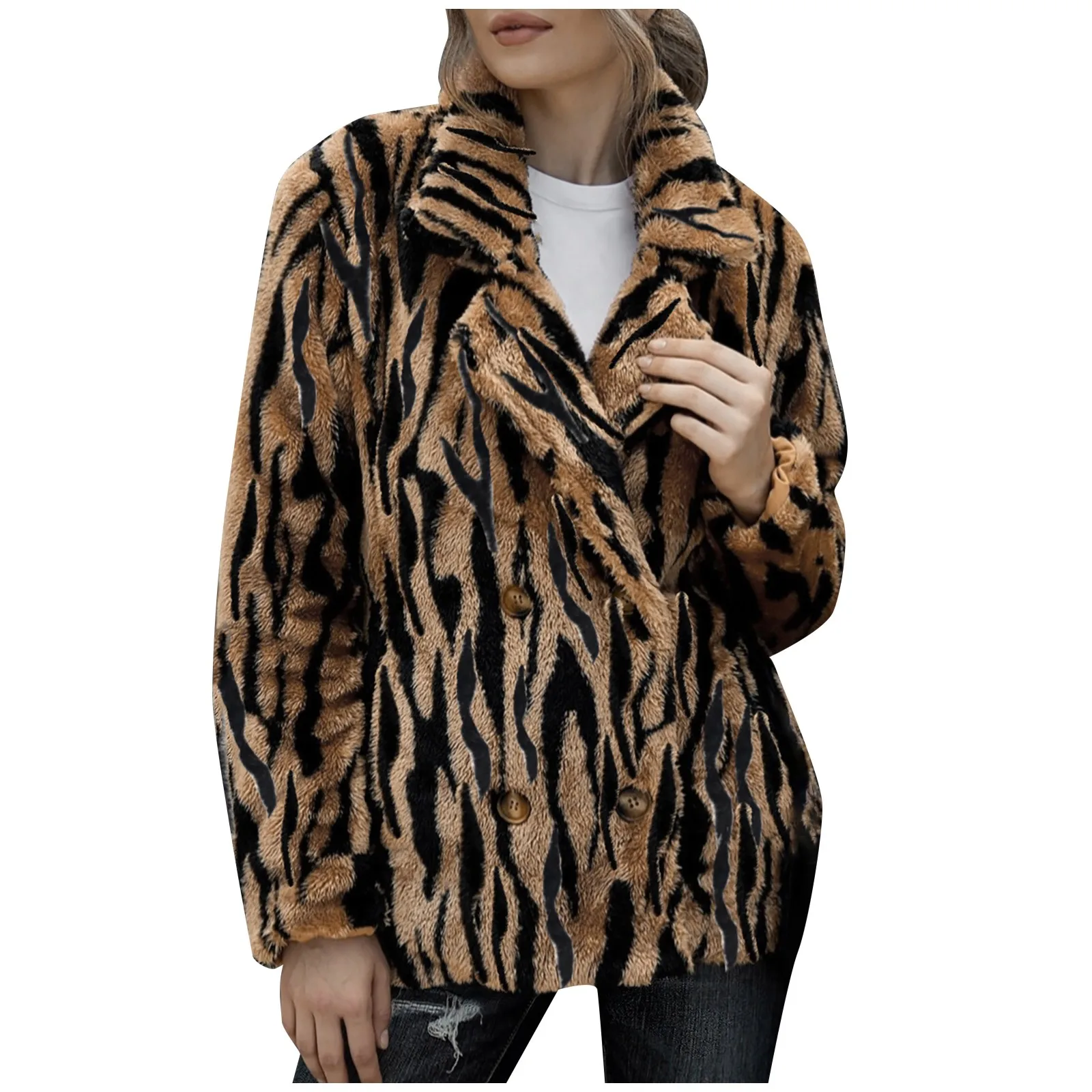 Women's Fashion Thickened Animal Print Jacket Long Sleeve Lapels Coat Female Jackets Chaqueta Mujer Streetwear