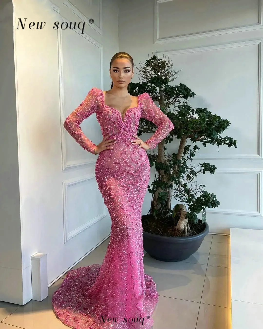 

Arabic Pink Pearls Beaded Long Sleeves Evening Dresses Sparkling Sweetheart Neck Sequins Night Party Gowns Formal Prom Vestidos