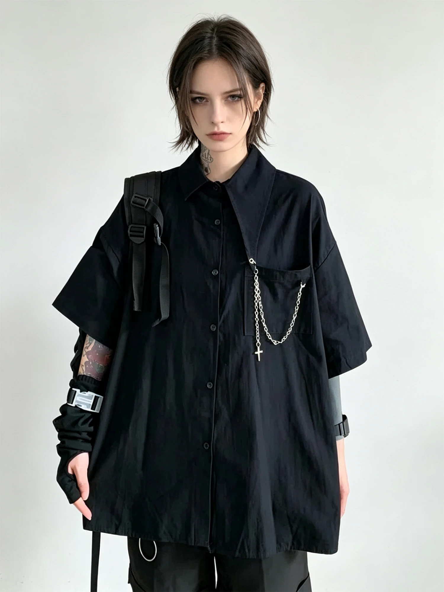 Women's Black Gothic Dark Blouses and Shirts Vintage Cargo Short Sleeve Shirt Y2k Gyaru Oversize Shirt Coat Top for Women Summer