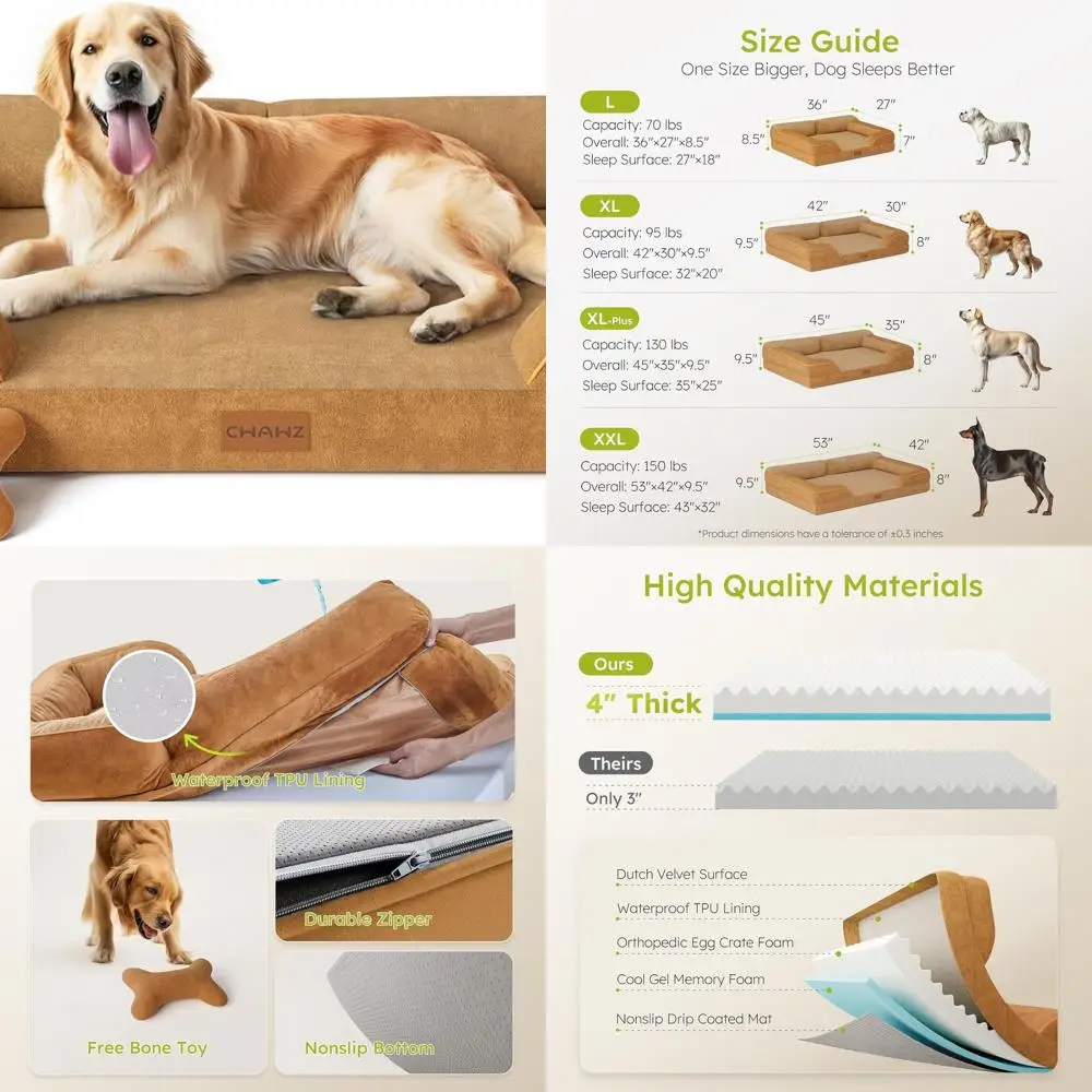 

Ортопедическая лежанка XL для собак с охлаждающим гелевым наполнителем, водонепроницаемым и съемным чехлом, 42 см, коричневый велюровый диван, плюс игрушка-кость