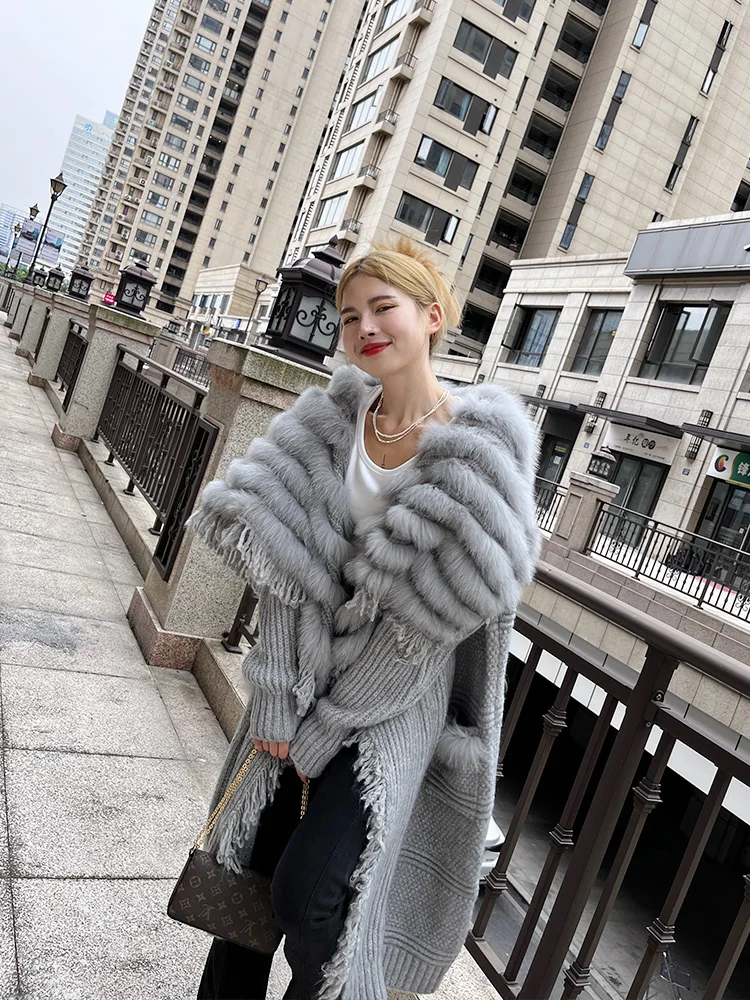 2023 Fashion Women Real Fox Fur Knitting OverSize Coat Autumn Fox Fur Decoration Lady's Long Sweater Length 120cm