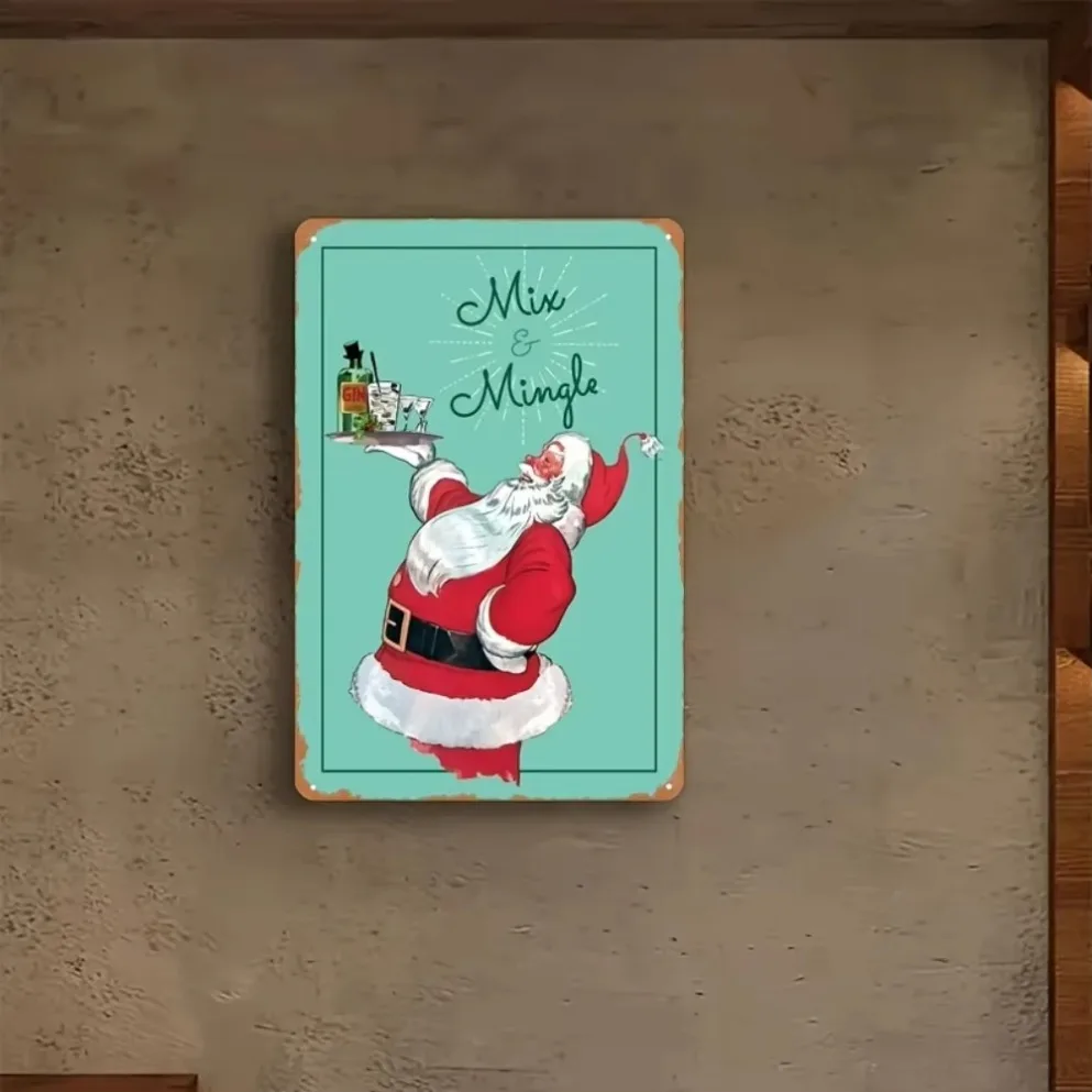 قطعة واحدة من لافتة سانتا المعدنية العتيقة "ميكس آند مينغل" ثنائية الأبعاد - فن جداري متين لعيد الميلاد، مثالي للمنزل/البار والمقهى/المرآب/الفناء