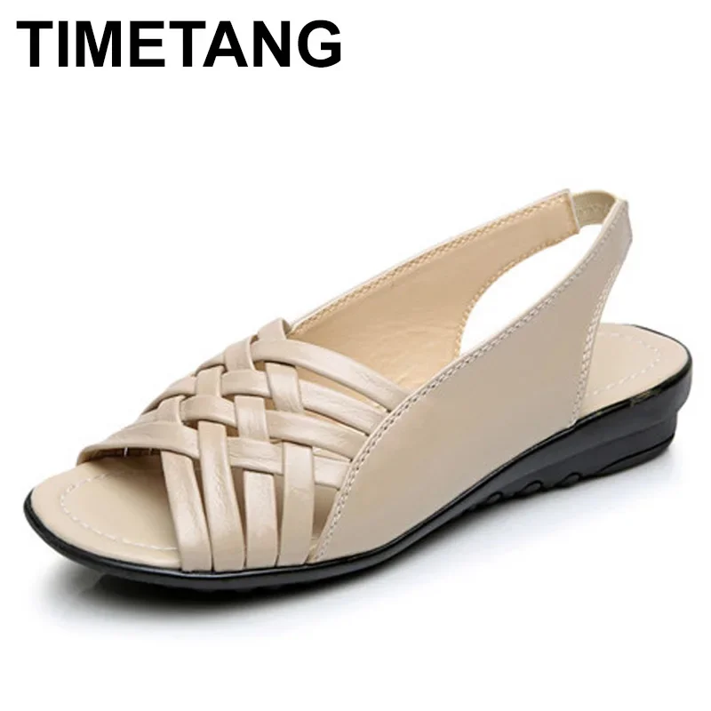 TIMETANGWomen Sandals Fashion Summer Women Shoes Woman Genuine Leather Open Toe Flat Sandals Comfortable Casual Women Sandals